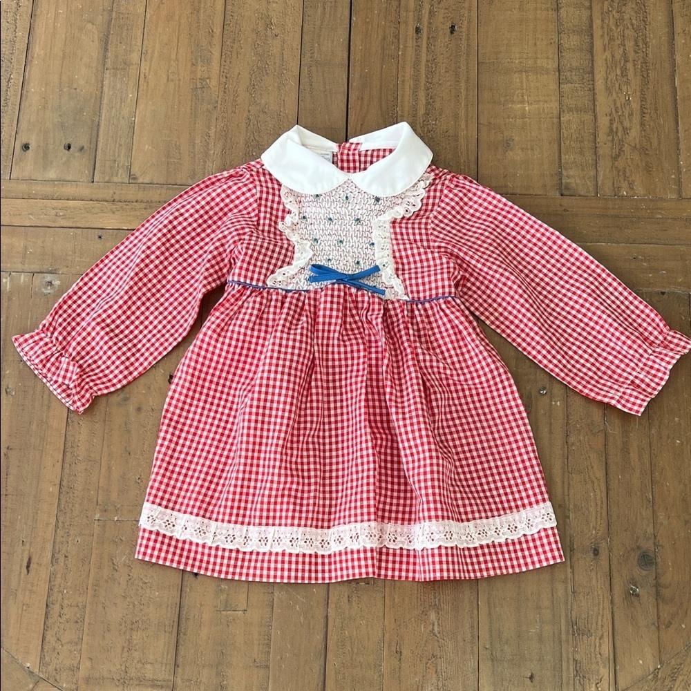 Baby Togs vintage 90s red gingham lace dress girls 3T smocked